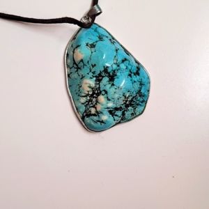 Necklace, Large Turqoise Pendant on Faux Leather Strap